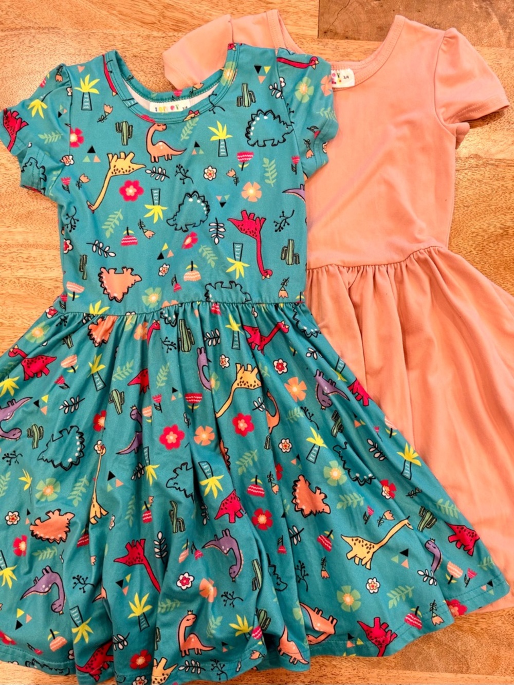 Kids Short Sleeve Teal Dinosaur Print Dress - Peach Solid Skater Dress size 3-4